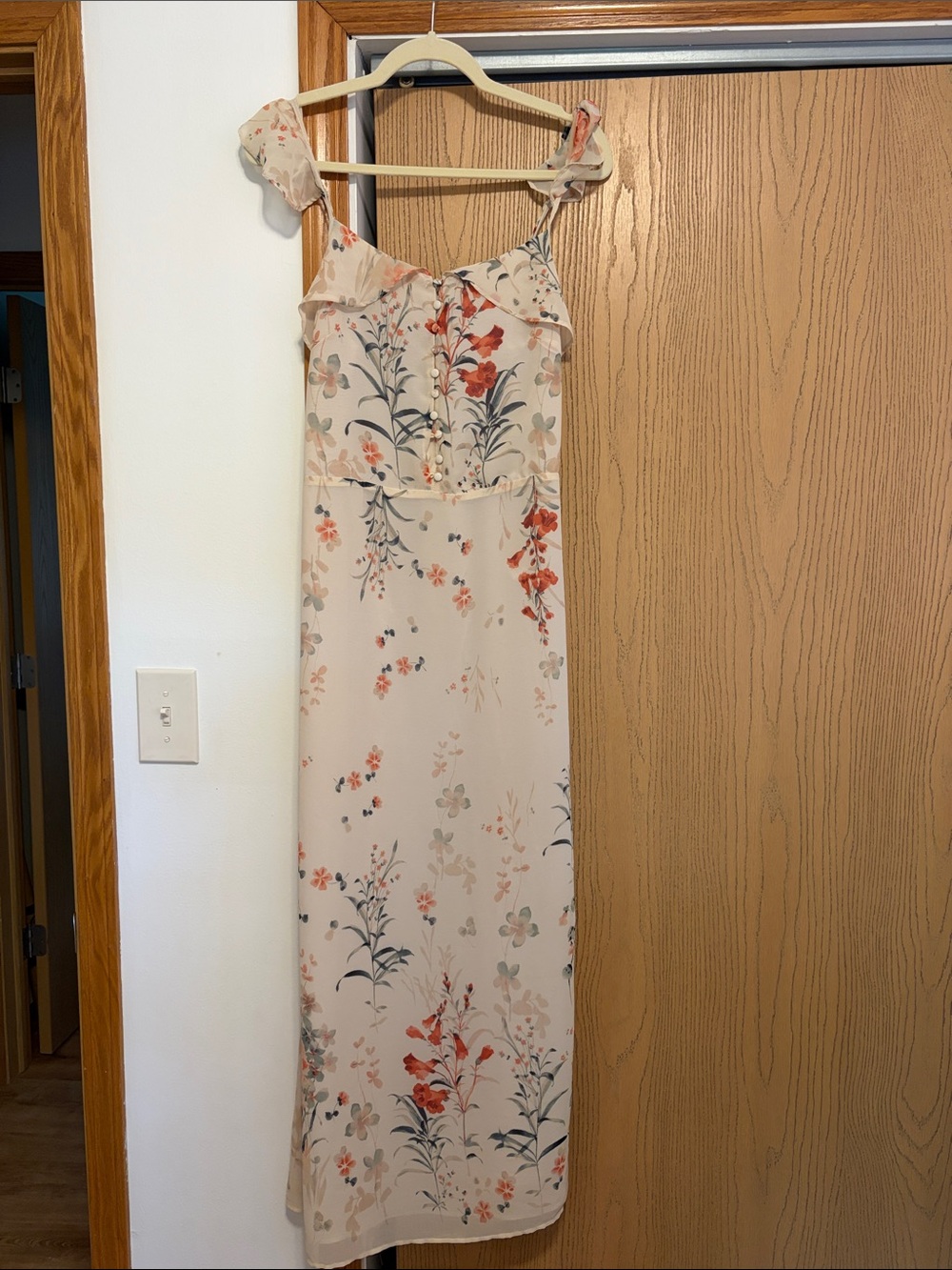 Cream Floral Maxi Dress with Ruffle Neckline